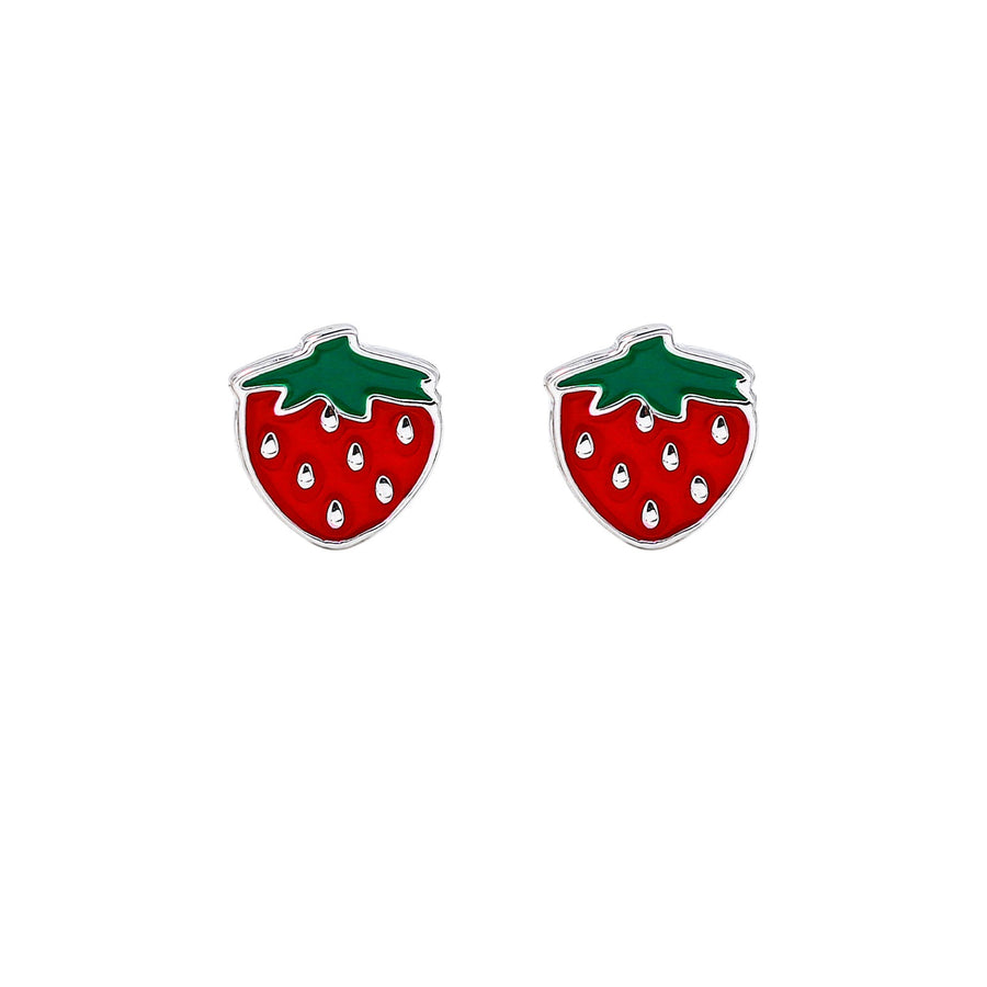 Strawberry Enamel Studs - Silver