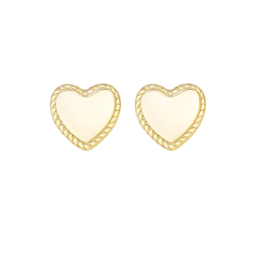 A pair of gold-colored heart-shaped stud earrings with delicate ribbing along the outer edge.