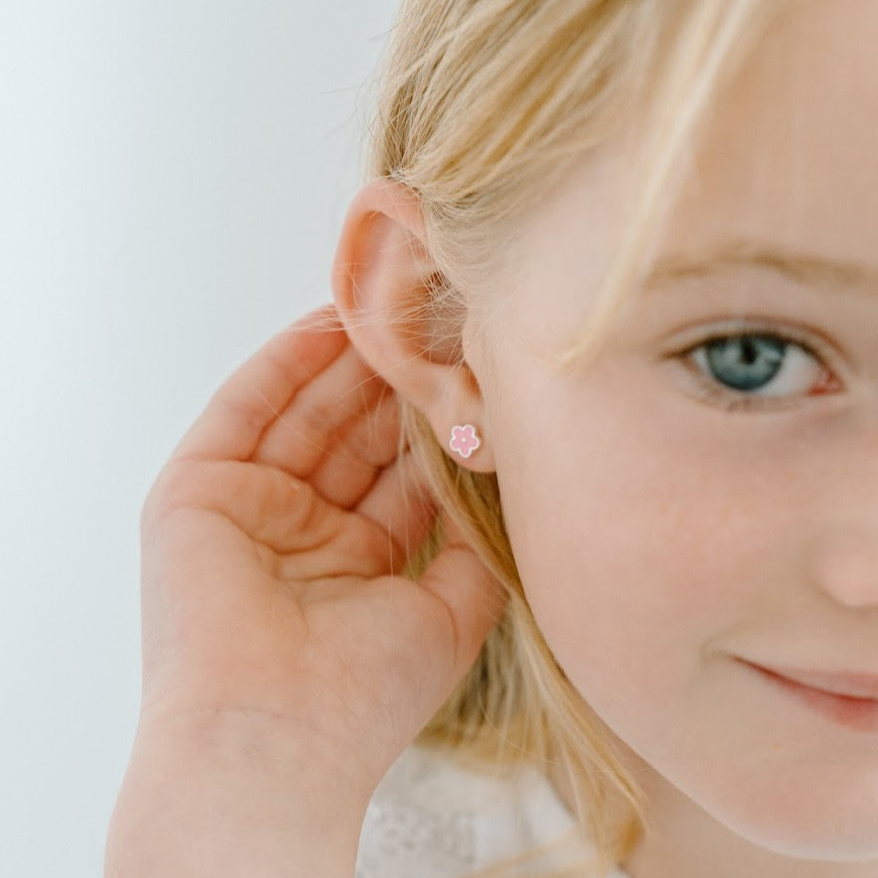 Pink Daisy Enamel Studs - Silver