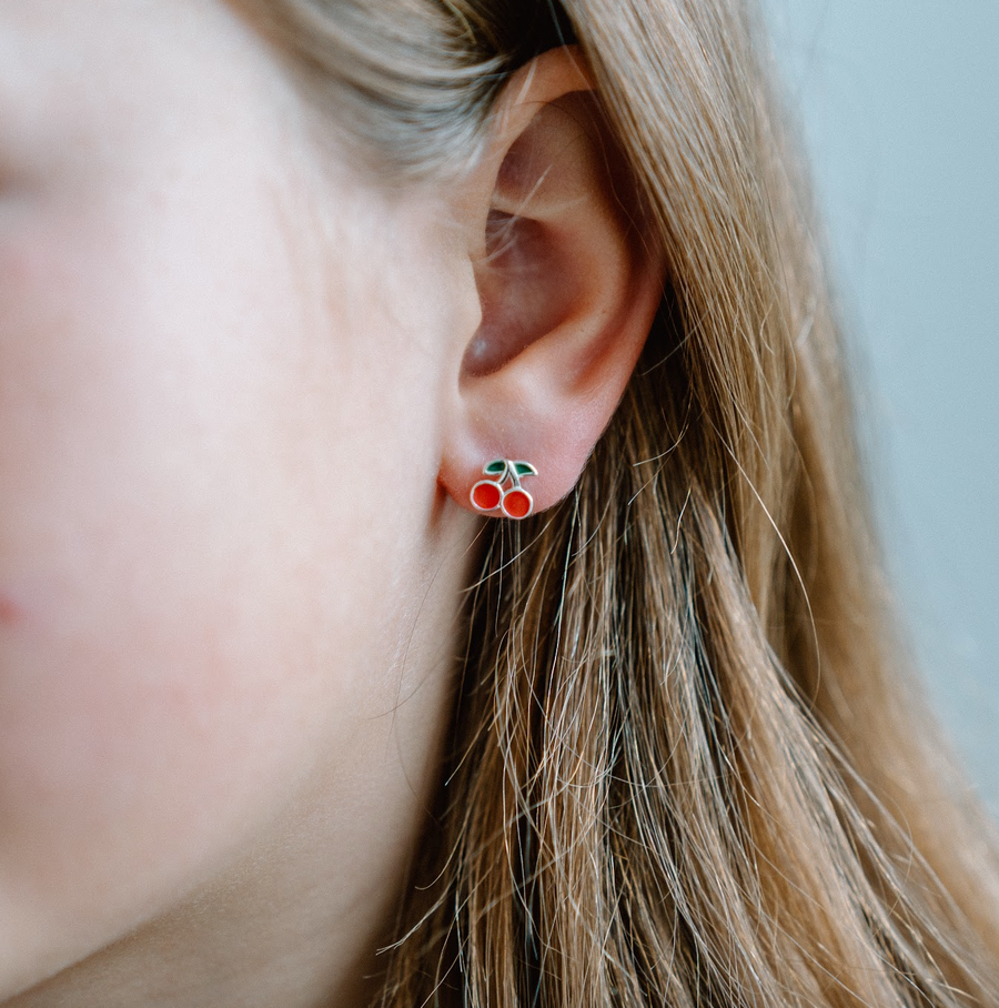 Cherry Enamel Studs - Silver