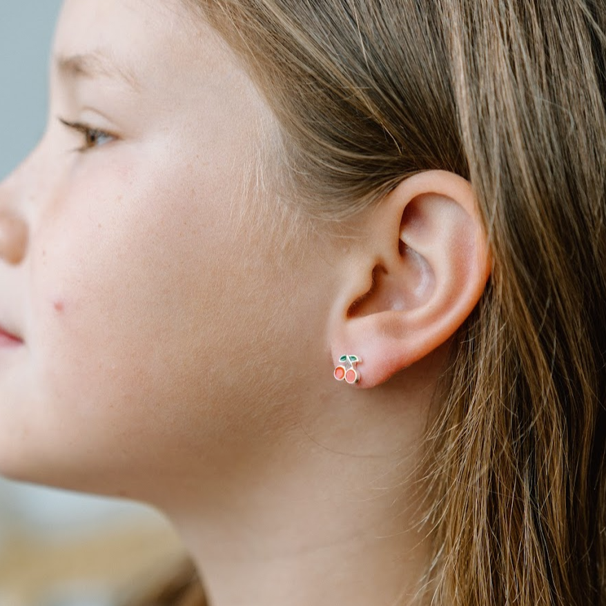 Cherry Enamel Studs - Silver