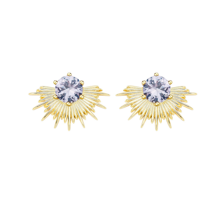 Pair of gold earrings with central gemstones on a white background